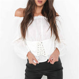 grunge outfits 2024 Spring Women's Clothing Women's Solid Color off-the-Neck Waist Lace-up off-Shoulder Lantern Sleeve T-shirt