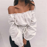 grunge outfits 2024 Spring Women's Clothing Women's Solid Color off-the-Neck Waist Lace-up off-Shoulder Lantern Sleeve T-shirt