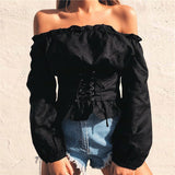 grunge outfits 2024 Spring Women's Clothing Women's Solid Color off-the-Neck Waist Lace-up off-Shoulder Lantern Sleeve T-shirt