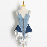 Picsgirl alice in wonderland costume 2024 Autumn New Niche Color Matching Denim Waist Slimming Vest Camisole Women's Fashion