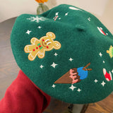 PICSGIRL  -  Christmas Beret Women's Hand-embroidered Wool Felt Hat for Autumn Winter New Holiday Cute Red Green Painter Hat Warm Pumpkin Hat