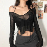 PICSGIRL  -  Sexy Lace Up V Neck Long Sleeve Black T Shirts for Women Female Club Wear Mesh Blouses See Through Crop Tops