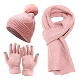 PICSGIRL  -  3 PCS Hat Glove Scarf Sets Winter Warm Knitted Touch Screen Gloves Woolen Plush Pom Pom Beanies Thickened Coldproof Scarves Suit