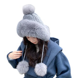 PICSGIRL  -  Winter Rabbit Fur Bomber Hat Knitted Warm Fleece Beanie Hat Outdoor Coldproof Pom Pom Bonnet Thicken Windproof Caps With Earmuff