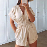 PICSGIRL  -  women casual summer beige solid loose playsuits chic lady fashion pleated elastic high waist short jumpsuits chic