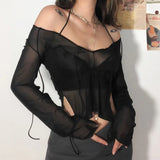 PICSGIRL  -  Sexy Lace Up V Neck Long Sleeve Black T Shirts for Women Female Club Wear Mesh Blouses See Through Crop Tops