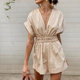 PICSGIRL  -  women casual summer beige solid loose playsuits chic lady fashion pleated elastic high waist short jumpsuits chic