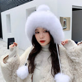 PICSGIRL  -  Winter Rabbit Fur Bomber Hat Knitted Warm Fleece Beanie Hat Outdoor Coldproof Pom Pom Bonnet Thicken Windproof Caps With Earmuff