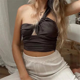 PICSGIRL  -  Stylish Girl Skew Collar Coffee Color Pleated Linen Tops Womens Spring Summer Fashion Sleeveless Short Blouse