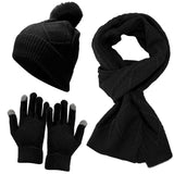 PICSGIRL  -  3 PCS Hat Glove Scarf Sets Winter Warm Knitted Touch Screen Gloves Woolen Plush Pom Pom Beanies Thickened Coldproof Scarves Suit