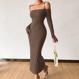 Picsgirl -  Sexy Evening Party Dress Coffee One Shoulder Long Sleeves Ankle Length Knitted Hip Dress for Woman Sexy Cocktail Dresses