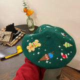 PICSGIRL  -  Christmas Beret Women's Hand-embroidered Wool Felt Hat for Autumn Winter New Holiday Cute Red Green Painter Hat Warm Pumpkin Hat