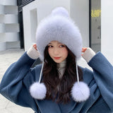 PICSGIRL  -  Winter Rabbit Fur Bomber Hat Knitted Warm Fleece Beanie Hat Outdoor Coldproof Pom Pom Bonnet Thicken Windproof Caps With Earmuff