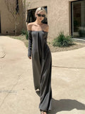 Picsgirl -  Sexy Jumpsuit Long Trousers for Women Dark Gray Off-shoulder Long Sleeve Elasticity Jumpsuit Wide Leg Elegant Lady Jumpsuit