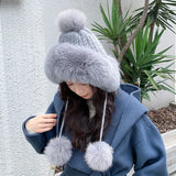 PICSGIRL  -  Winter Rabbit Fur Bomber Hat Knitted Warm Fleece Beanie Hat Outdoor Coldproof Pom Pom Bonnet Thicken Windproof Caps With Earmuff