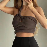 PICSGIRL  -  Stylish Girl Skew Collar Coffee Color Pleated Linen Tops Womens Spring Summer Fashion Sleeveless Short Blouse