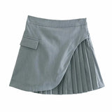 PICSGIRL  -  Women Fashion Asymmetrical Style Summer Gray Mini Skirts Girls Elegant Side Pocket High Waist Pleated Chic Skirt