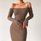 Picsgirl -  Sexy Evening Party Dress Coffee One Shoulder Long Sleeves Ankle Length Knitted Hip Dress for Woman Sexy Cocktail Dresses