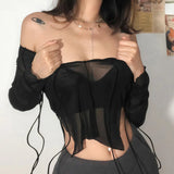 PICSGIRL  -  Sexy Lace Up V Neck Long Sleeve Black T Shirts for Women Female Club Wear Mesh Blouses See Through Crop Tops