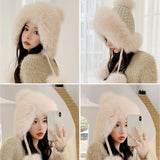 PICSGIRL  -  Winter Rabbit Fur Bomber Hat Knitted Warm Fleece Beanie Hat Outdoor Coldproof Pom Pom Bonnet Thicken Windproof Caps With Earmuff