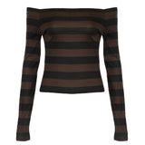 grunge dti off-Shoulder Contrast Color Striped T-shirt 2024 Autumn New Women's Slim Slimming Long Sleeve Knitted Top