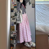 church outfit Pink Plaid Skirt for Women plus Size Chubby Girl Pear-Shaped Korean Style High Waist All-Match Plaid Pleated A- line Dress