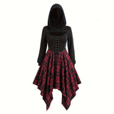 pop culture dress to impress Halloween New plus Size Gothic Dress Drawstring Hooded Plaid Stitching Sweater Short Sleeve