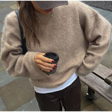 2000s fashion Solid Color Mohair Sweater Sweater Loose Lazy Style Comfortable round Neck Pullover Younger