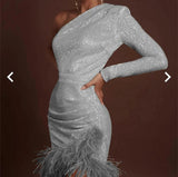 dress to impress codes Sexy Women's New Golden Feather Slant Shoulder Skirt Dress