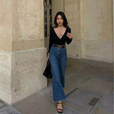 date night outfit French Fashion High Waist Stretch Navy Style Micro Flared Jeans Women's Fashionable New Wide Leg Pants Trousers