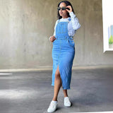 Picsgirl pumpkin patch outfit Women's Straight Suspender Skirt Women's Street Fashion Large Pocket Slit Denim Skirt