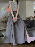 90s fashion 2024 Gentle Style Blue Drawstring Skirt Women's Early Autumn Lazy Slimming A- line Skirt Long Skirt