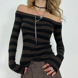 grunge dti off-Shoulder Contrast Color Striped T-shirt 2024 Autumn New Women's Slim Slimming Long Sleeve Knitted Top