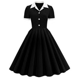 decades dti Lapel Solid Color Stitching Button Fashion Stitching Dress Large Swing Skirt 