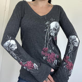 outfit inspo 2024 Autumn and Winter New Women's Top Personalized Skull Flower Print V-neck Sexy Bottoming Shirt T-shirt