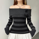 grunge dti Y2g Retro Fashion Color Matching Striped Flanging off-Shoulder Chic Lace-up Sweater Personalized Waist Slimming Sweater