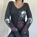 outfit inspo 2024 Autumn and Winter New Women's Top Personalized Skull Flower Print V-neck Sexy Bottoming Shirt T-shirt