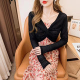 2000s fashion Black Suspender Skirt Outer Blouse Women's Summer Knitted Shawl Long Sleeve Niche Fashion Lace Top