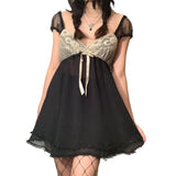 grunge dti Lace Mesh Skirt See-through Bow Dress Vintage Y2k