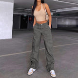 2000s fashion Women's Street Fashion Multi-Pocket Workwear Straight Trousers High Waist Slimming Loose Khaki Jeans for Women