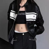 going out outfits PU Leather New Slim Stand Collar Retro Contrast Color Stitching Zipper Autumn Coat Men's and Women's Motorcycle Jacket Top