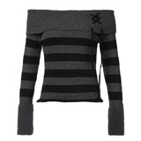 grunge dti Y2g Retro Fashion Color Matching Striped Flanging off-Shoulder Chic Lace-up Sweater Personalized Waist Slimming Sweater