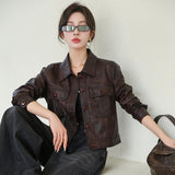 y2k outfits Fall 2024 New Simple and Capable Slim Fit Slimming Regular Sleeve Versatile PU Leather Coat Retro Maillard