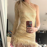 Picsgirl dress to impress codes Sexy Women's New Golden Feather Slant Shoulder Skirt Dress