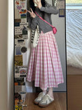 church outfit Pink Plaid Skirt for Women plus Size Chubby Girl Pear-Shaped Korean Style High Waist All-Match Plaid Pleated A- line Dress