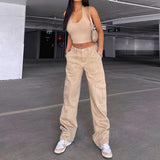 Picsgirl 2000s fashion Women's Street Fashion Multi-Pocket Workwear Straight Trousers High Waist Slimming Loose Khaki Jeans for Women