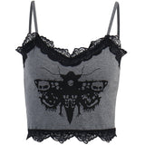 y2k Hot Girl Lace Stitching Strap Dark Style Personalized Moth Print Slimming Temperament Top for Women