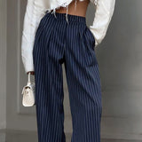 2000s fashion Navy Blue Striped Wide-Leg Pants for Women 2024 Autumn and Winter New Casual Suit Pants Draping Trousers for Women