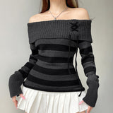 grunge dti Y2g Retro Fashion Color Matching Striped Flanging off-Shoulder Chic Lace-up Sweater Personalized Waist Slimming Sweater