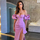 rainforest dress to impress Summer New Purple Puff Sleeve off-Shoulder Ruffled Mid-Length Bandage Dress Sexy Tight Style